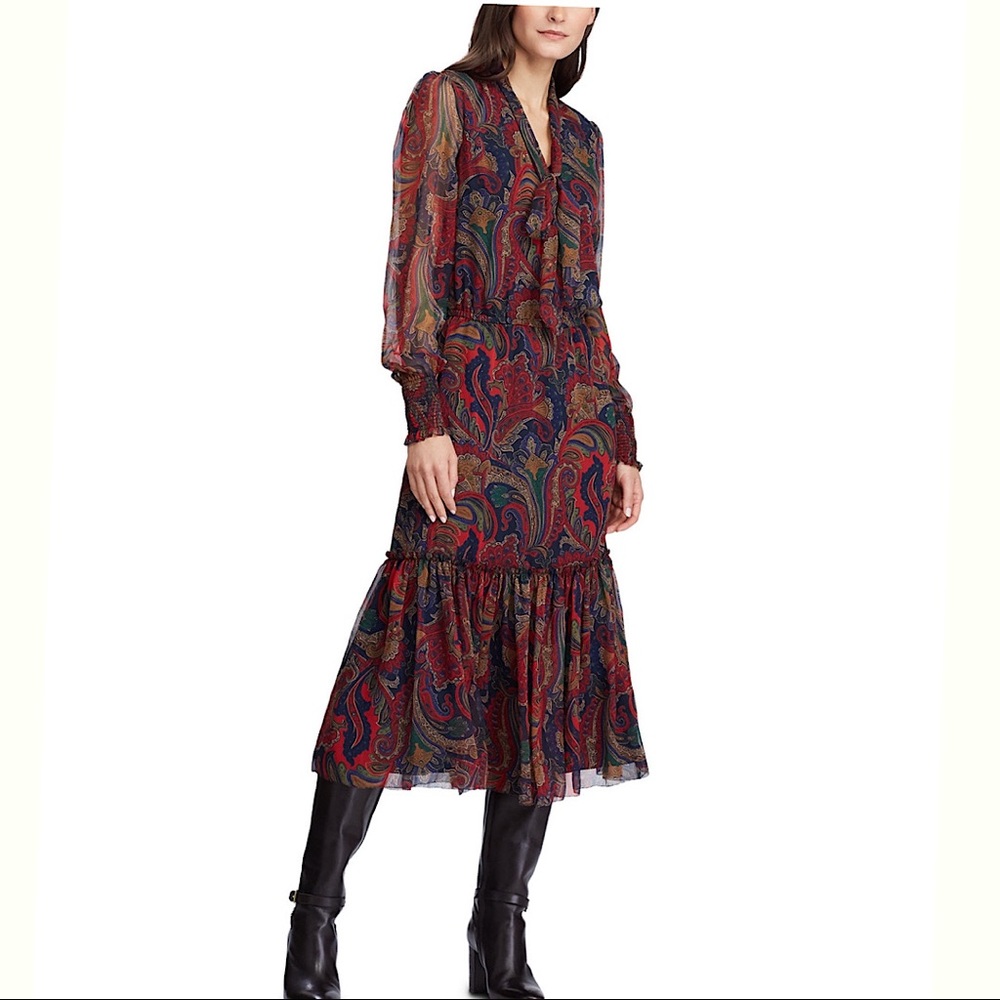 Paisley print tie neck georette dress